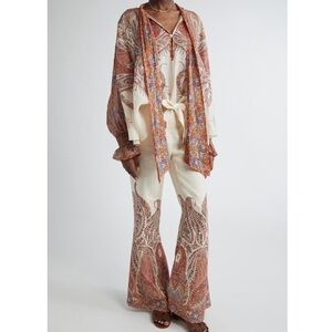 Zimmermann Rhiannon Paisley Print Belted Linen Flare Pants